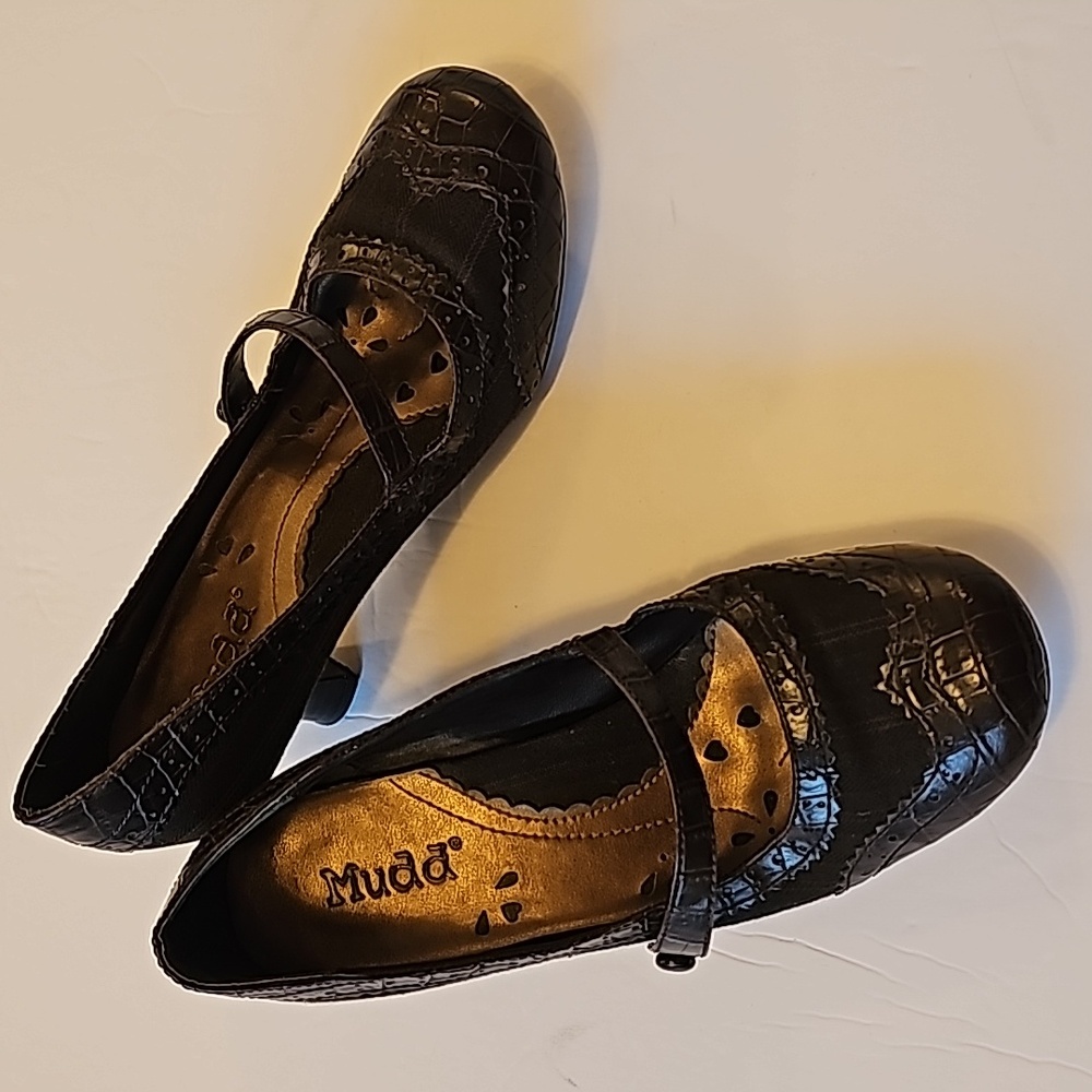 MUDD Roxie Pumps Heels Oxford Womens 8M Brown Tweed & Faux Crocodile Y2K Rare